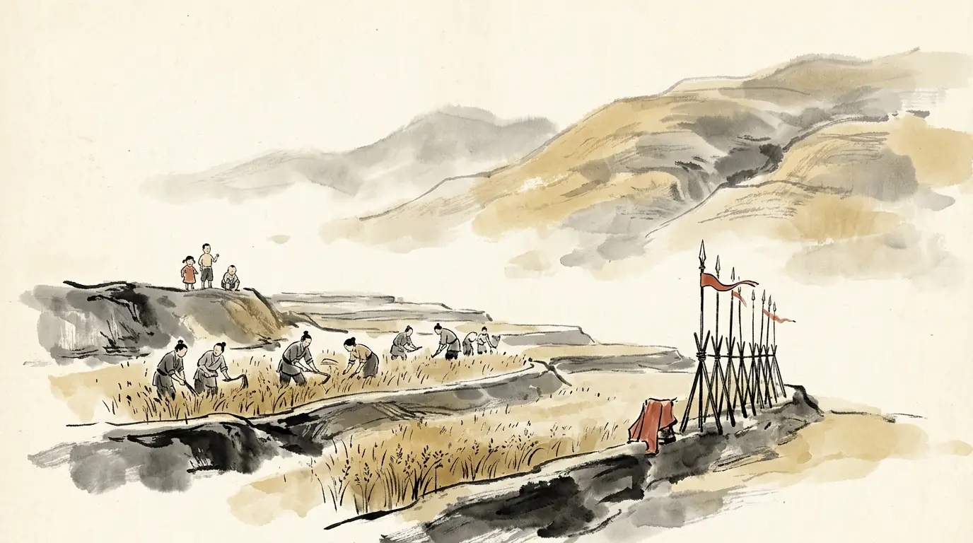 Panel 13: Then the strangest sight of the war: Shu soldiers farming the fields at the foot of the hills among the Wei farmers, harming no one, meaning to stay a year.