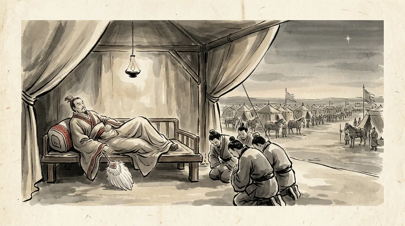 Panel 14: Eighth month, 234: Zhuge Liang died of illness in camp, aged fifty-four. His orders: a grave cut into Mount Dingjun, just big enough for the coffin, in the clothes he wore, with nothing buried in it.
