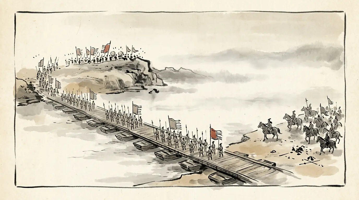 Panel 15: The army went home in order. At the pursuit Yang Yi turned the banners and beat the drums, and Sima Yi drew back. The people said: the dead Zhuge Liang routed the living Zhongda.