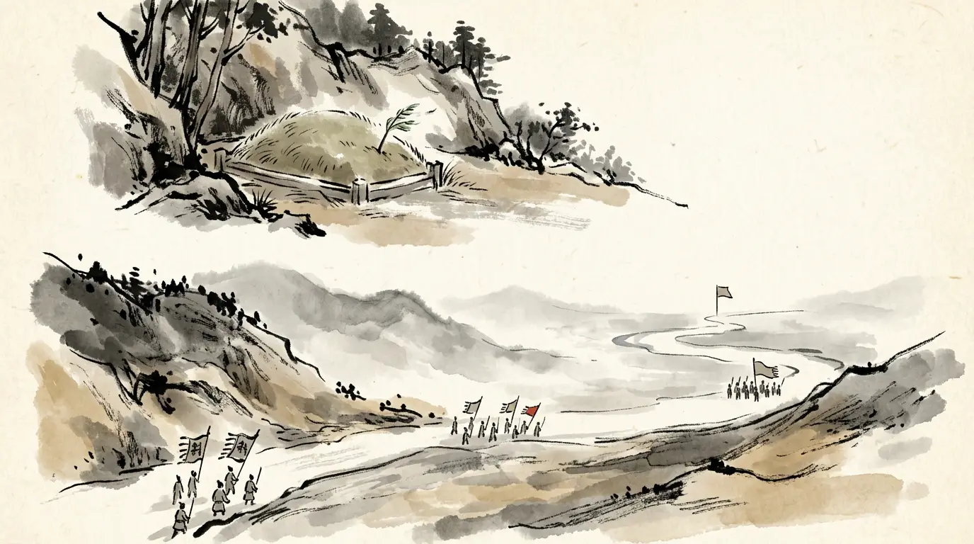 Panel 16: After him, Jiang Wan and Fei Yi held the line and did not cross it. In 249 Wei fell to Sima Yi's own coup; in 263 Deng Ai came over the Yinping road and Shu surrendered; in 280 Wu followed. The river was one again.