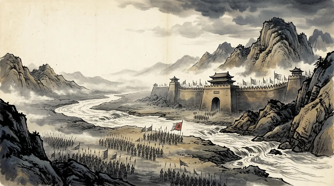 The great rammed-earth gate of Tong Pass between the Yellow River and the mountains, banners of the Guanzhong coalition before it, 211 CE