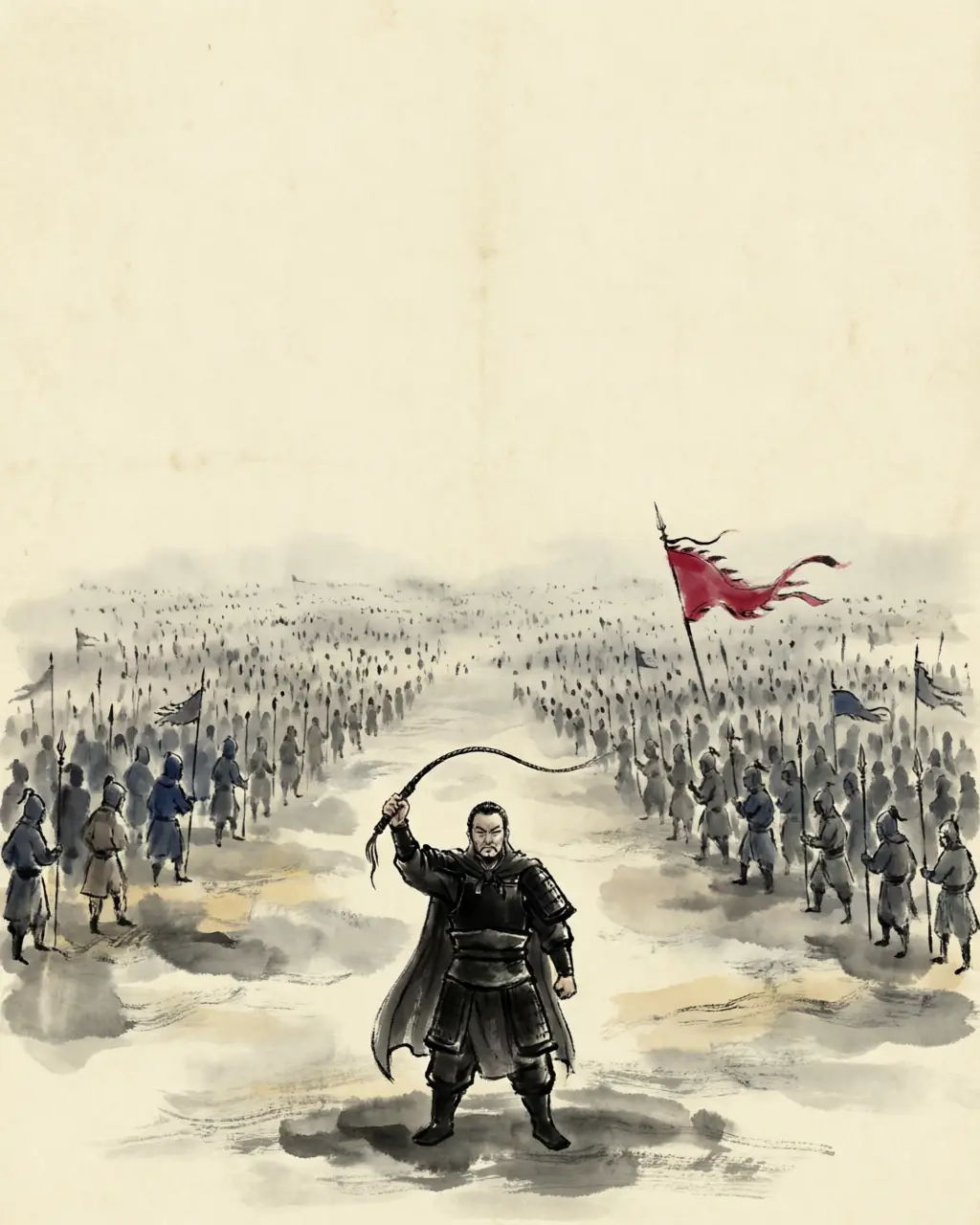 Panel 04: Cao Cao was told that the Guanzhong troops were fierce with the long spear, and that picked vanguard troops must be chosen against them. He answered, and marched west in the seventh month.