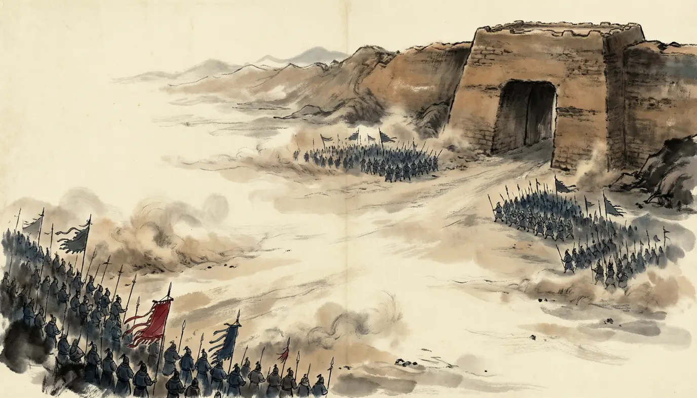Panel 05: In the eighth month, Cao Cao was at Tong Pass. He set his army down across from the pass and made it look as if the pass were the war. It was not.