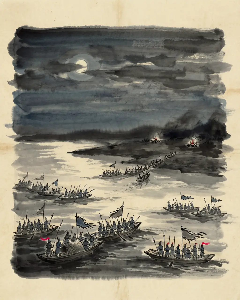 Panel 06: Far upstream at Puban, Xu Huang and Zhu Ling crossed the river in the night and raised a camp on the west bank before the coalition knew of them.
