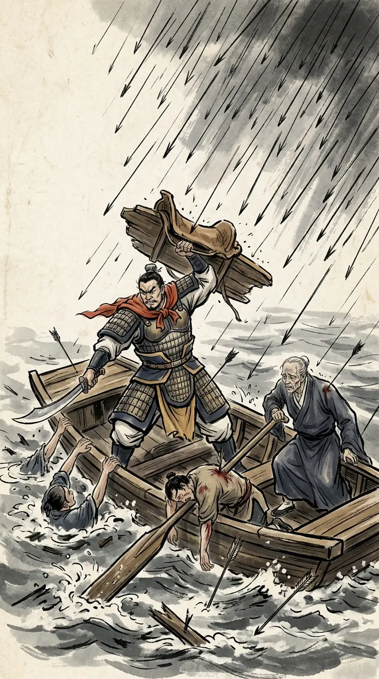 Panel 07: Then Cao Cao himself crossed, with a hundred horsemen and no more. Ma Chao's cavalry came down on him and the arrows fell like rain. Xu Chu lifted him aboard, held up a saddle against the arrows with one hand, and with the other cut down his own men clinging to the hull.
