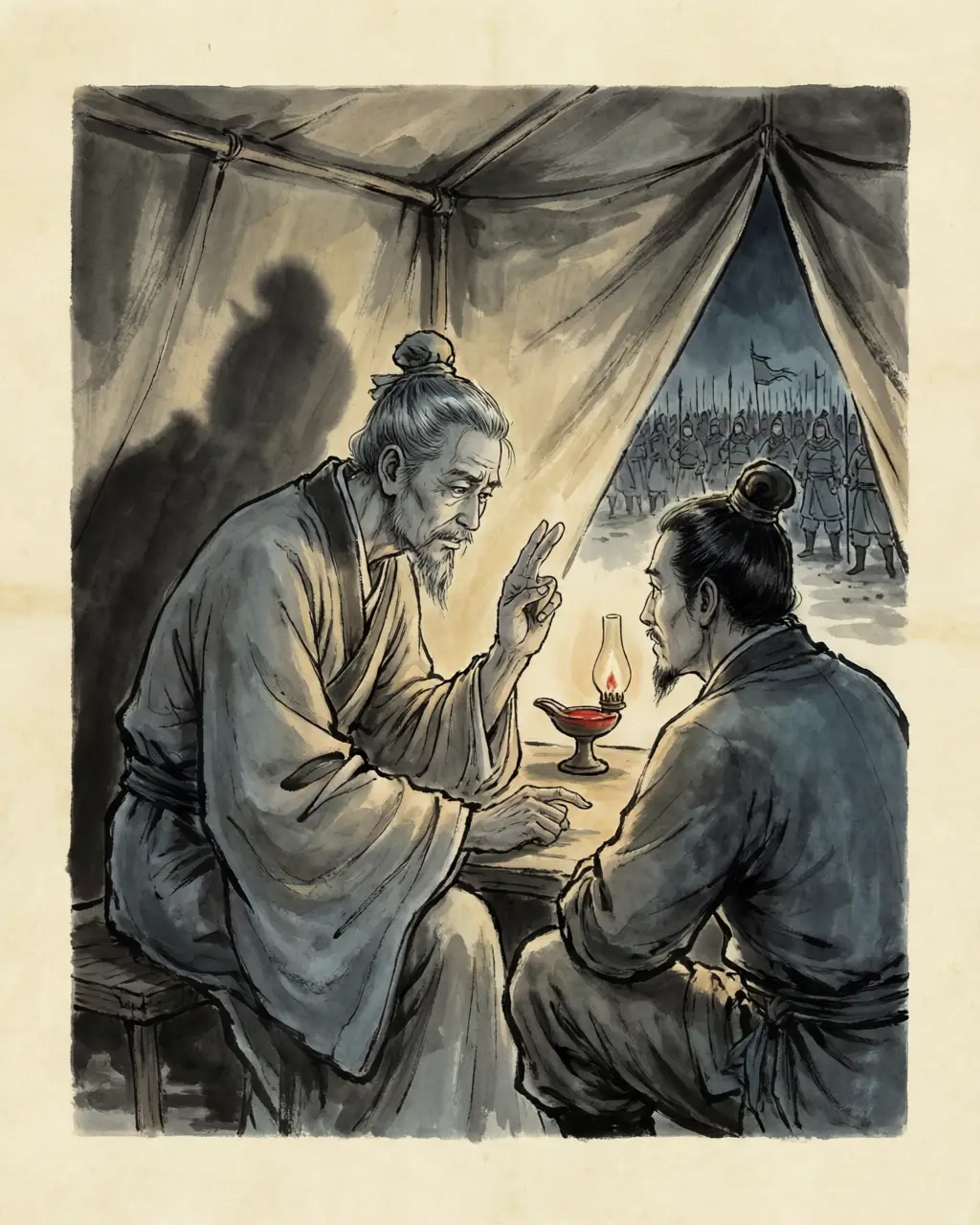 Panel 10: When the request came again, Cao Cao asked Jia Xu for a plan. Jia Xu's answer was two words: part them. The coalition's strength was its numbers; its weakness was that the numbers had no single head.