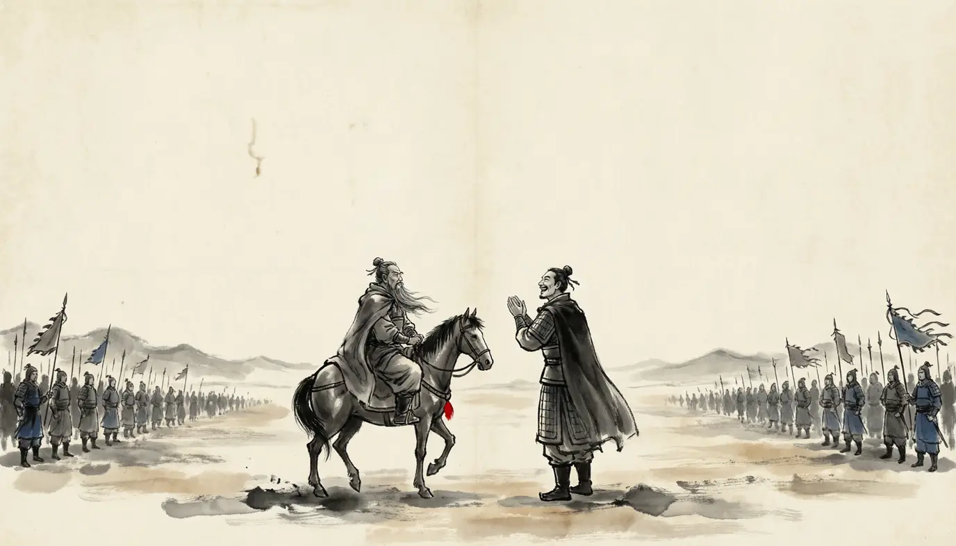 Panel 11: Han Sui rode out between the armies to meet Cao Cao. Their fathers had been recommended in the same year; their youth had been spent in the same streets of Luoyang. They spoke only of old times in the capital, clapped their hands and laughed. No word of war.