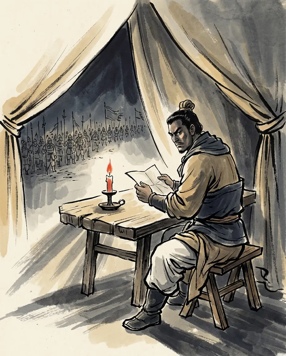 Panel 12: Then came a letter from Cao Cao to Han Sui, crossed out and altered here and there, to look as if the receiver had changed it. Ma Chao read it, and nothing became something.