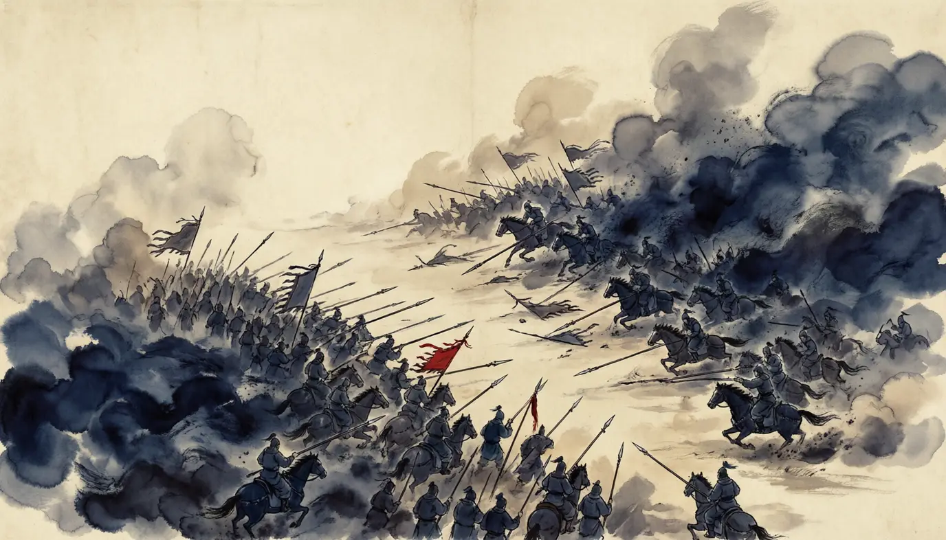 Panel 13: A day was set for battle. Cao Cao sent light troops forward to provoke, and let them fight long; then he loosed his tiger warriors in a pincer from both wings, and the coalition broke.