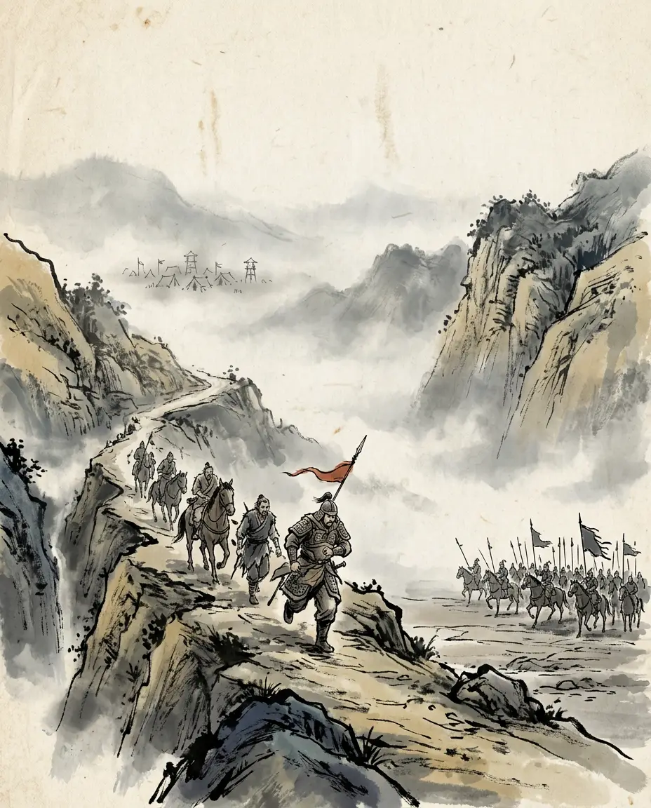 Panel 14: Cao Cao pursued to Anding, then turned his chariot east. Yang Fu warned him before he went: Ma Chao had the courage of Xin Qingji and Meng Ben, and the hearts of the Qiang and Hu; leave the west unguarded, and Longshang would not stay Wei's. It happened.