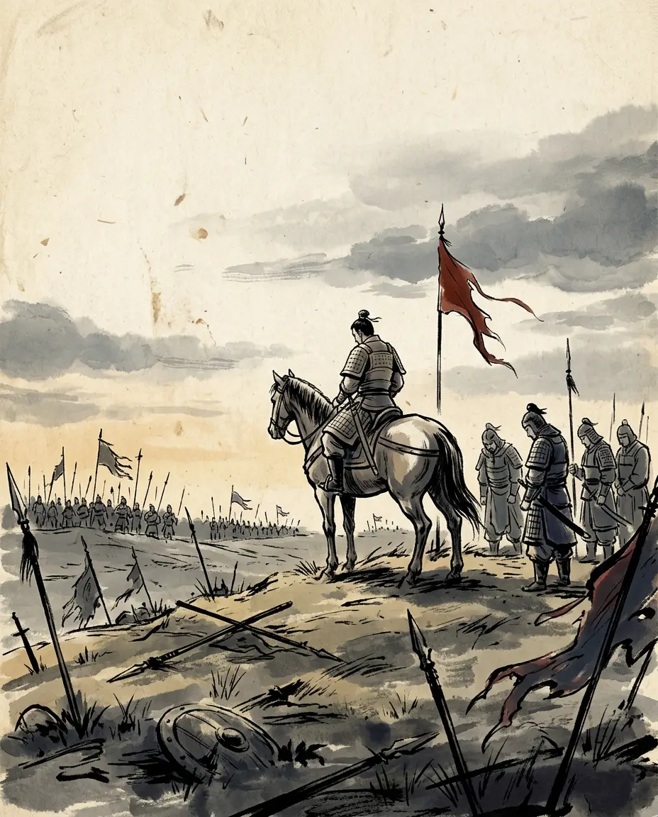 Panel 15: His generals asked him afterwards how it had been done: the pass held, the river crossed, the letters written, the battle won. Show the enemy what he expects, he told them, until he believes it; then be somewhere else. War, he said, has no fixed shape.