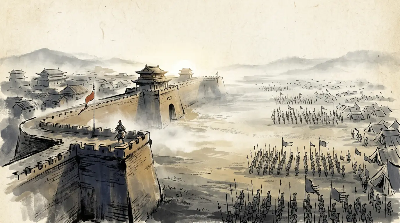 At first light an armoured general with a halberd leads a wedge of riders out of the gate of Hefei against a vast encamped army under banners, 215 CE
