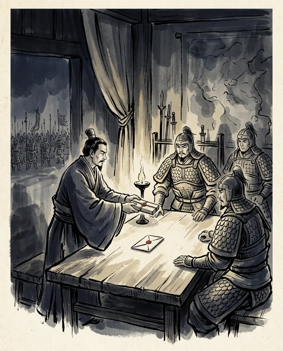 Panel 02: It began with a letter. Before marching west against Zhang Lu, Cao Cao left orders with the army's protector, Xue Ti, marked on the edge of the envelope: open when the bandits arrive.