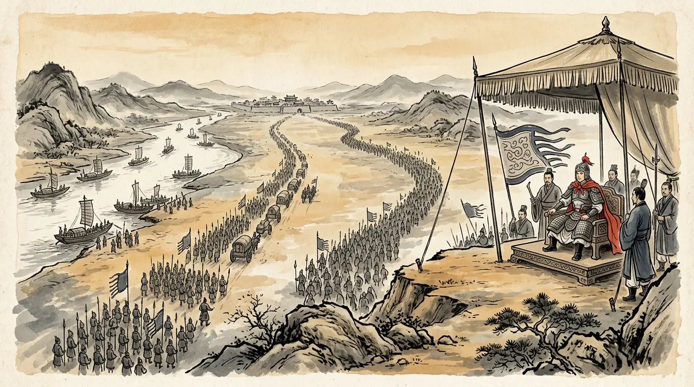 Panel 03: In the eighth month Sun Quan came in person against Hefei. The histories say a hundred thousand men — the number is the shape of a kingdom's strength, not a count.