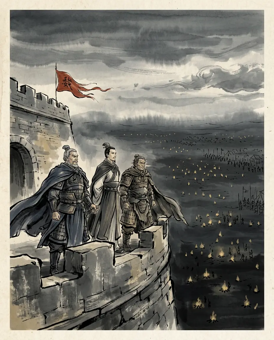 Panel 04: What stood between that army and the Huai was one old walled city, some seven thousand men, and three generals: Zhang Liao, Li Dian and Yue Jin. Between two of them there was blood.