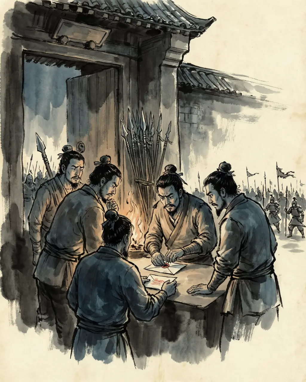 Panel 05: When the Wu army closed around the city they broke the seal. If Sun Quan comes, the letter said, Generals Zhang and Li go out and fight; General Yue holds the city; the protector takes no part in the battle. The generals looked at one another and hesitated — the letter asked men who did not trust each other to act as one body.