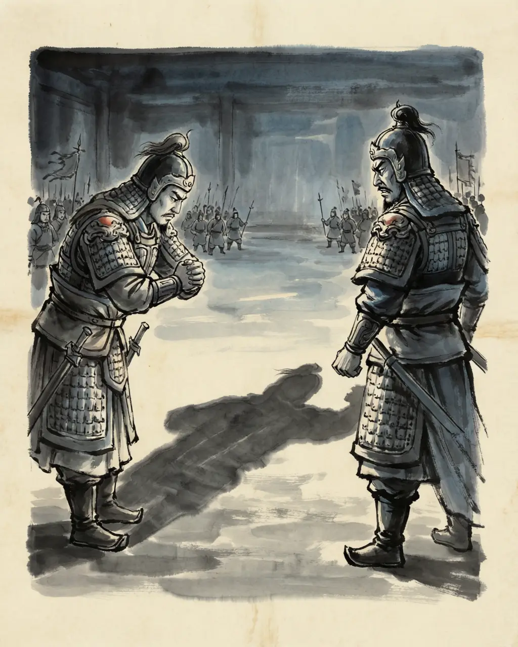 Panel 06: Then Li Dian stood up. There was blood between him and Zhang Liao — an old killing that neither had forgotten. This is the state's business, he said. May I forget the public duty for a private wrong? He went out with him.