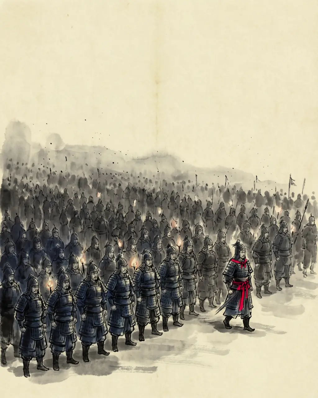 Panel 07: That night Zhang Liao sent through the ranks for men willing to die. By morning eight hundred stood answered.