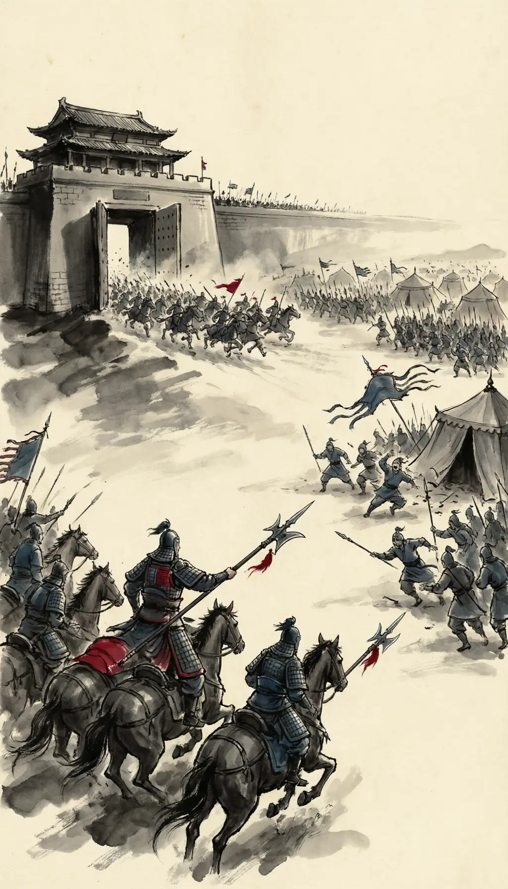 Panel 08: At first light the gates opened. Zhang Liao, in armour, with a halberd, rode at their head, broke into the Wu camp, cut down two of its generals, shouted his own name aloud — and went straight for Sun Quan's standard.