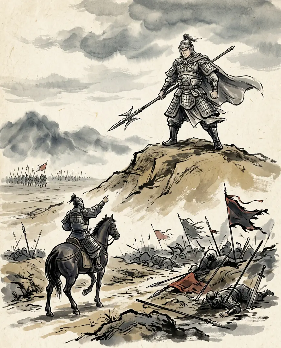 Panel 09: The lord of Wu climbed a high mound and stood there with a long halberd in his own hands. Zhang Liao called up to him to come down and fight. Sun Quan did not dare to move.