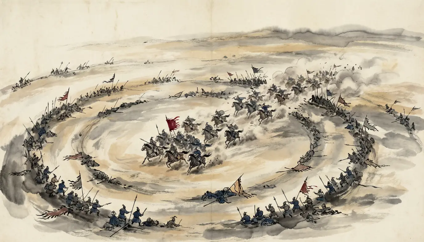 Panel 10: The Wu army closed around the eight hundred in ring after ring. Zhang Liao broke through and came out with a few dozen riders. From inside the circle the men he left called after him: General, will you abandon us? He turned his horse and went back in.