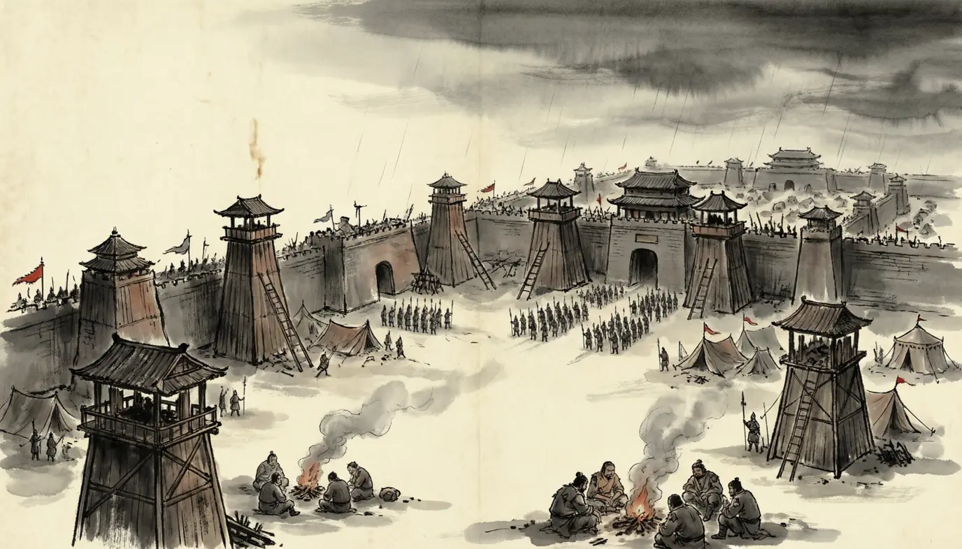 Panel 12: Sun Quan stayed ten days and more before the walls. They did not come down; the army wore itself against them. The order went out to turn south.