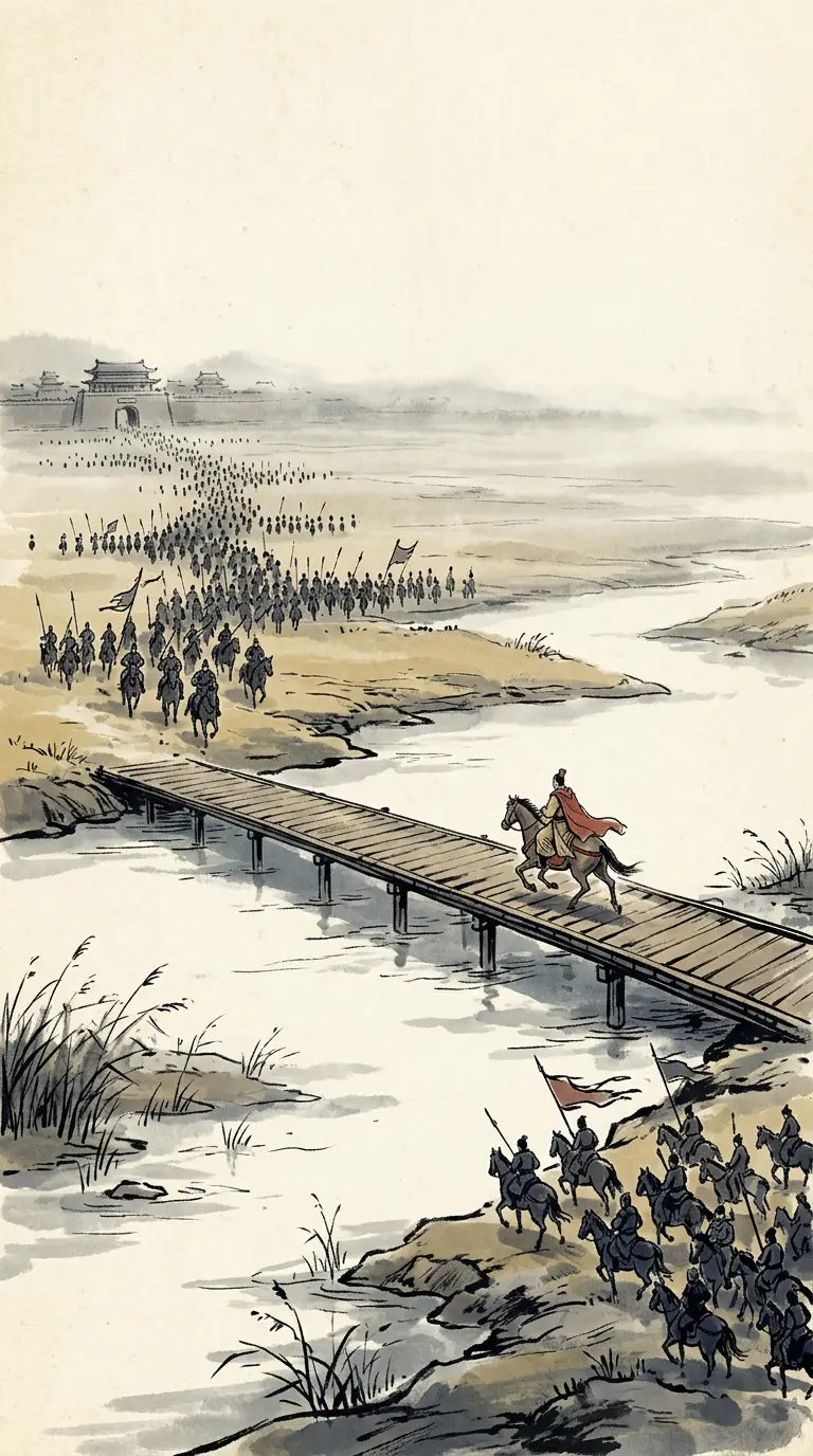 Panel 13: The army was already on the road home when the king came last to Xiaoyao Ford, north of the water, with only Gan Ning, Ling Tong and a small escort around him. From the walls Zhang Liao saw how thin the rearguard was, and came out.