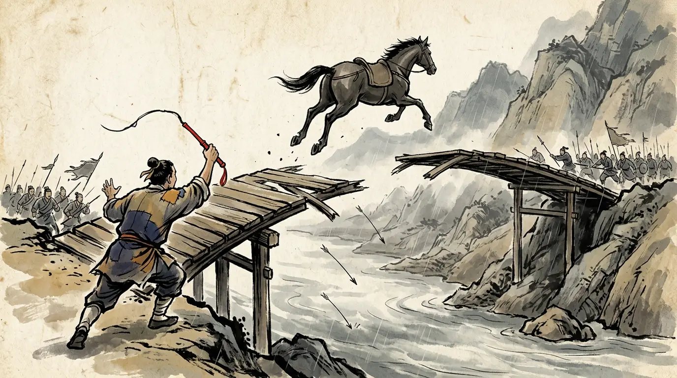 Panel 14: At the water the bridge's southern span had been pulled away — a zhang and more of empty air between the horse and the far bank. Sun Quan's servant Gu Li laid on the whip from behind; the horse gathered itself and jumped. The king of Wu landed on the southern bank.