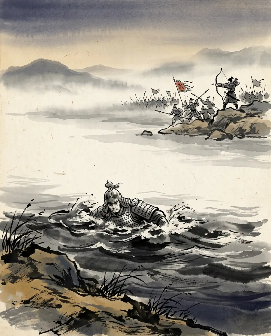 Panel 15: Behind him Ling Tong stayed with his hundred closest men, and all of them died around him while Sun Quan reached the bridge. When he knew the king was across, Ling Tong went into the water in full armour and swam back alone. Gan Ning had held the road with his bow. Sun Quan wept when Ling Tong came aboard.