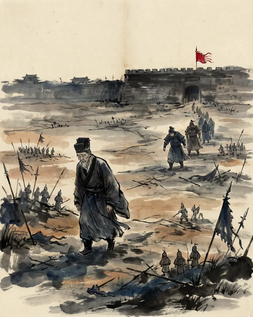Panel 16: The next year Cao Cao came south again and walked Zhang Liao's battlefield at Hefei in person, and stood sighing a long while. Farther south the name had gone ahead of the man: in Wu, when a child would not stop crying, its mother had only to say — Zhang Liao is coming.