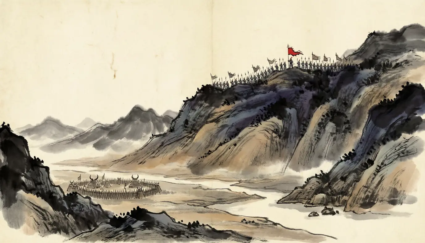 Banners of Liu Bei's army on the heights of Mount Dingjun above the Mian River, Xiahou Yuan's camp among sharpened stakes below, 219 CE