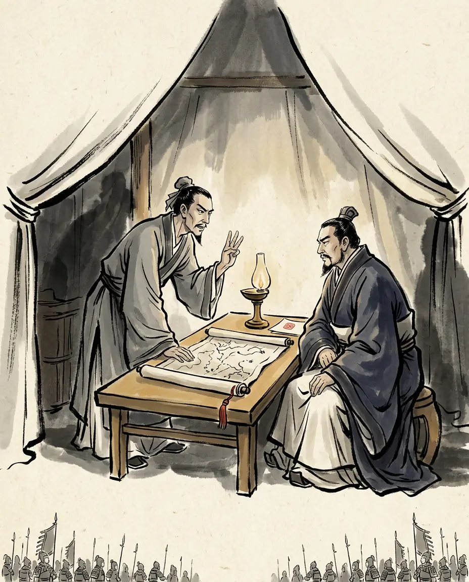 Panel 03: The plan that went north was not Zhuge Liang's — he stayed to keep Chengdu, feeding the army and supplying the troops. The man with the army was Fa Zheng: strike to destroy the enemy, creep to expand the border, or hold the strong points for a long war — three courses, and the chance, he said, was given by heaven and must not be missed.