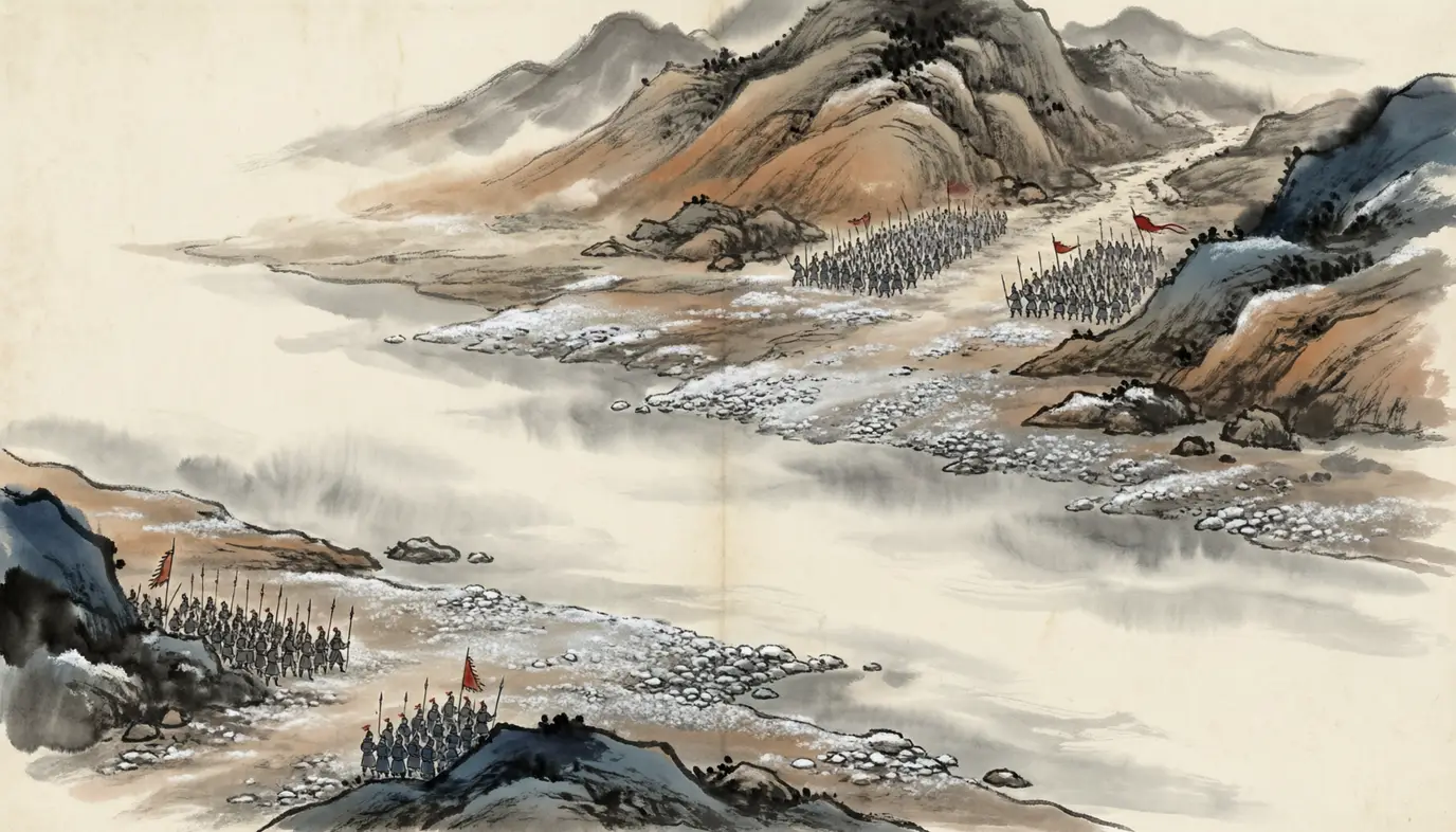 Panel 05: Liu Bei came up in person and sat down at Yangping Pass against Xiahou Yuan. For a year the two armies faced each other across the valley, and neither could move the other.