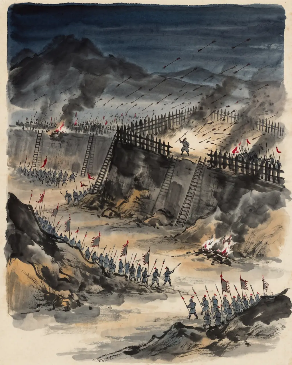 Panel 06: Liu Bei sent ten thousand picked men by night against Zhang He's camp at Guangshi. Zhang He led his own bodyguards out to fight in the dark, and the attack did not break through.