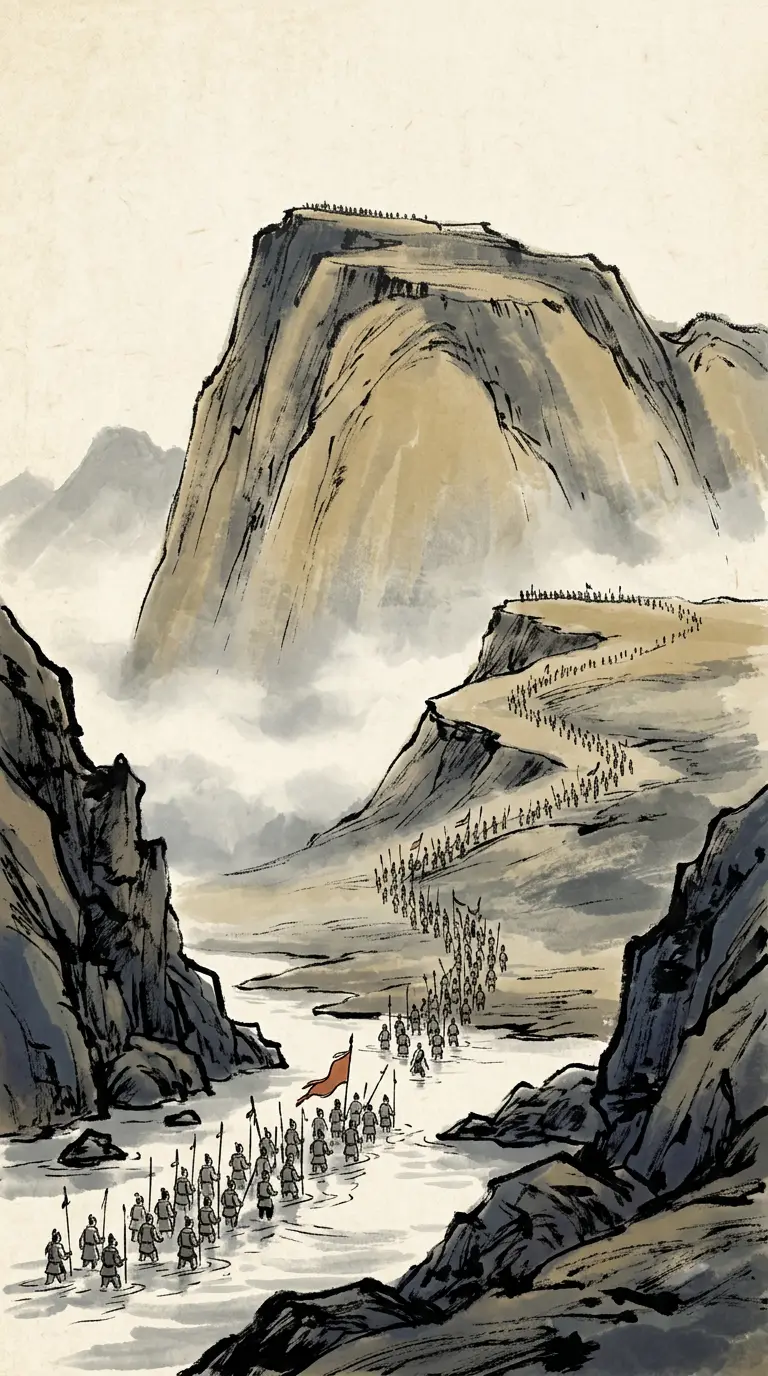 Panel 07: In the first month of 219 Liu Bei left the pass, crossed the Mian River southward, and climbed the slopes of Mount Dingjun step by step, making his camp on the heights above Xiahou Yuan.