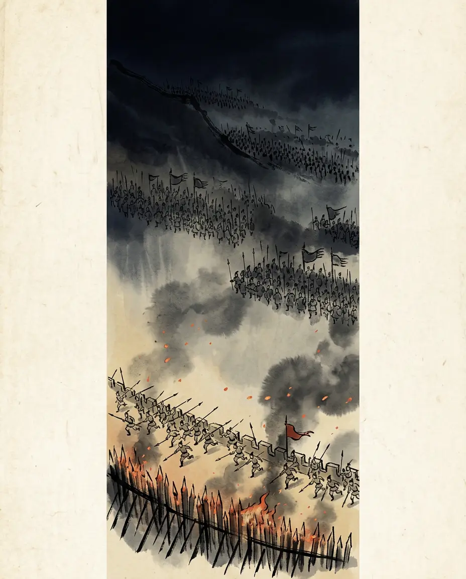 Panel 08: By night the Shu troops burned and broke the deer-horn stakes of the Wei camp. Xiahou Yuan divided his soldiers — half to help Zhang He hold the east, the rest with himself at the south — and Fa Zheng saw that the general below the slope was growing thin.