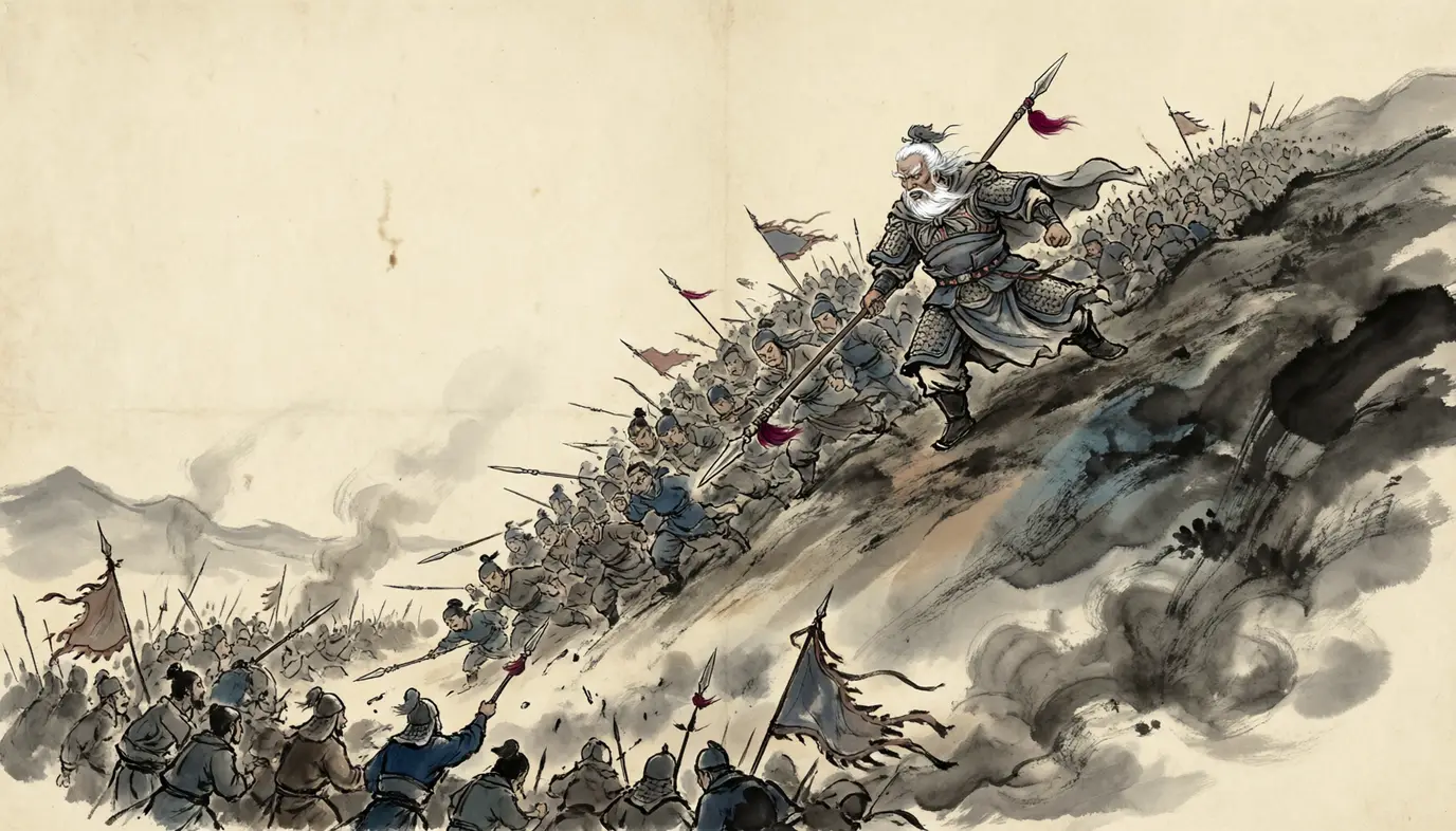 Panel 09: Huang Zhong came down from the heights with the drums rolling. Yuan's army broke on the slope; Xiahou Yuan fell, and with him Zhao Yong, the inspector Cao Cao had appointed.