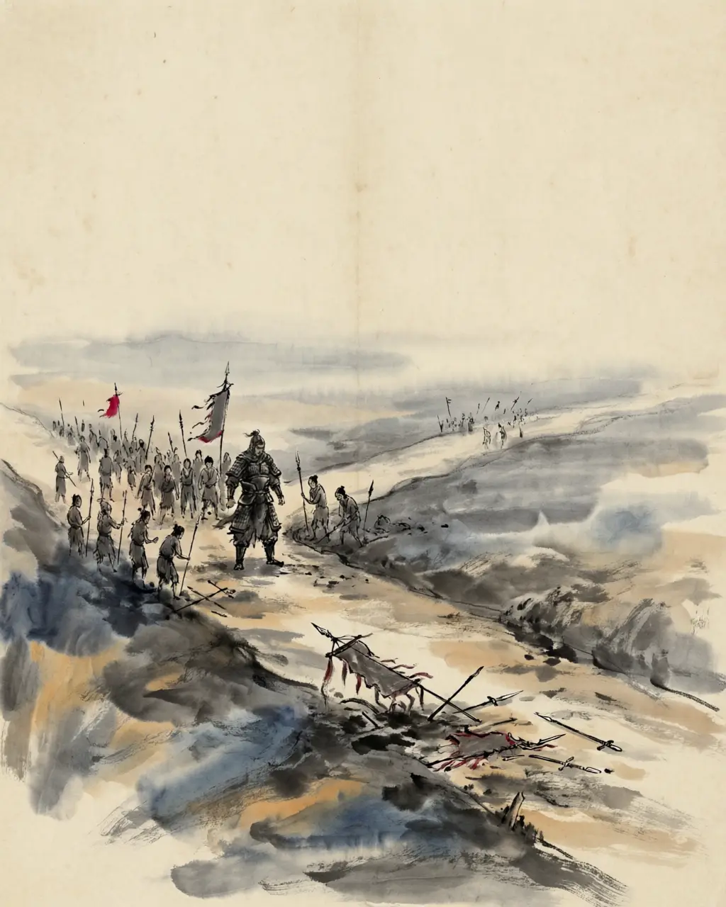 Panel 10: The Wei army had lost its commander before dawn. Guo Huai and Du Xi pushed Zhang He to the front; Zhang He set the ranks in order and led what remained back to the Yangping line. Cao Cao confirmed him in command by remote appointment.