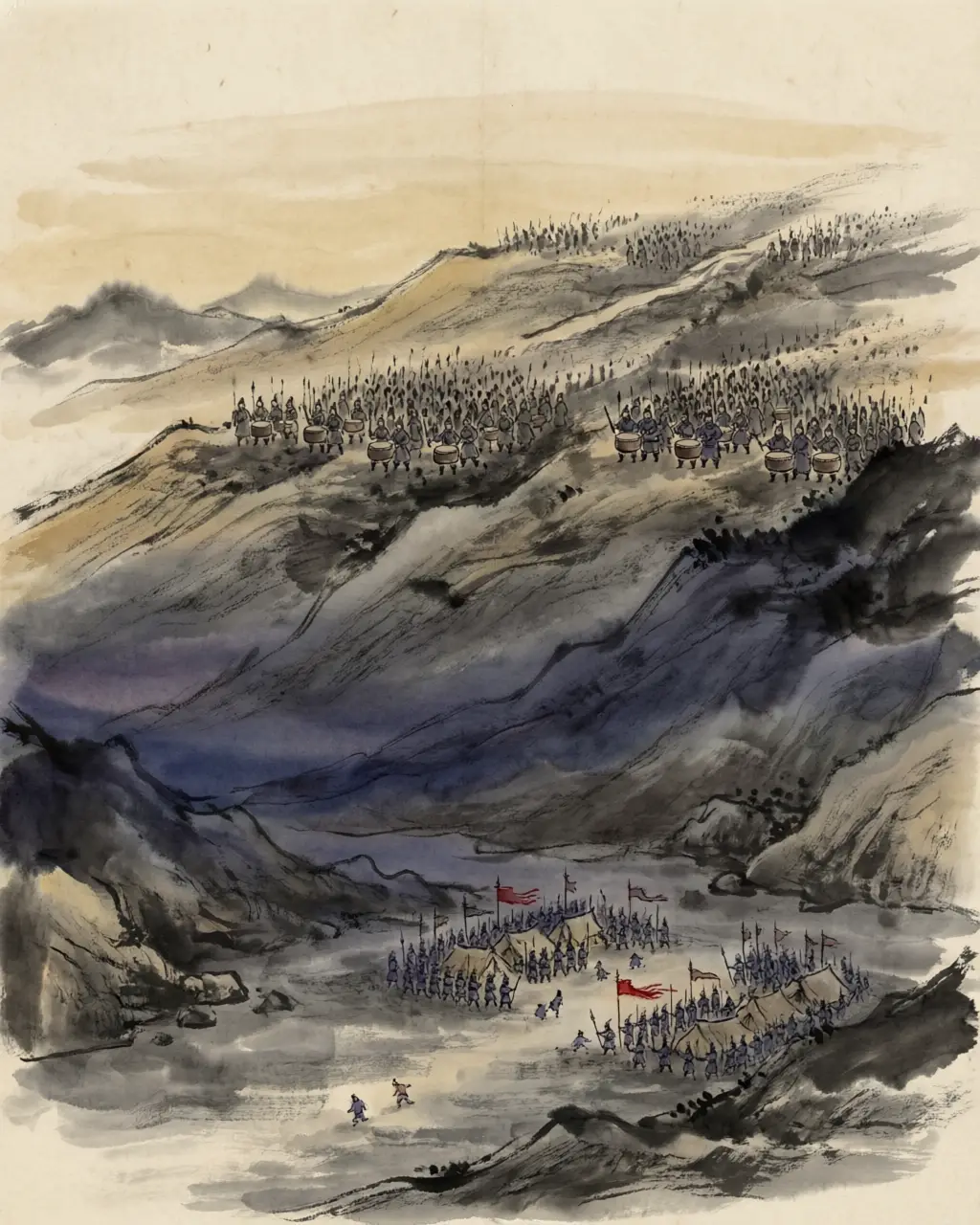 Panel 12: Cao Cao offered battle and got none. Liu Bei drew his troops onto the heights and held the defiles; day after day soldiers of the northern army slipped away in the dark.