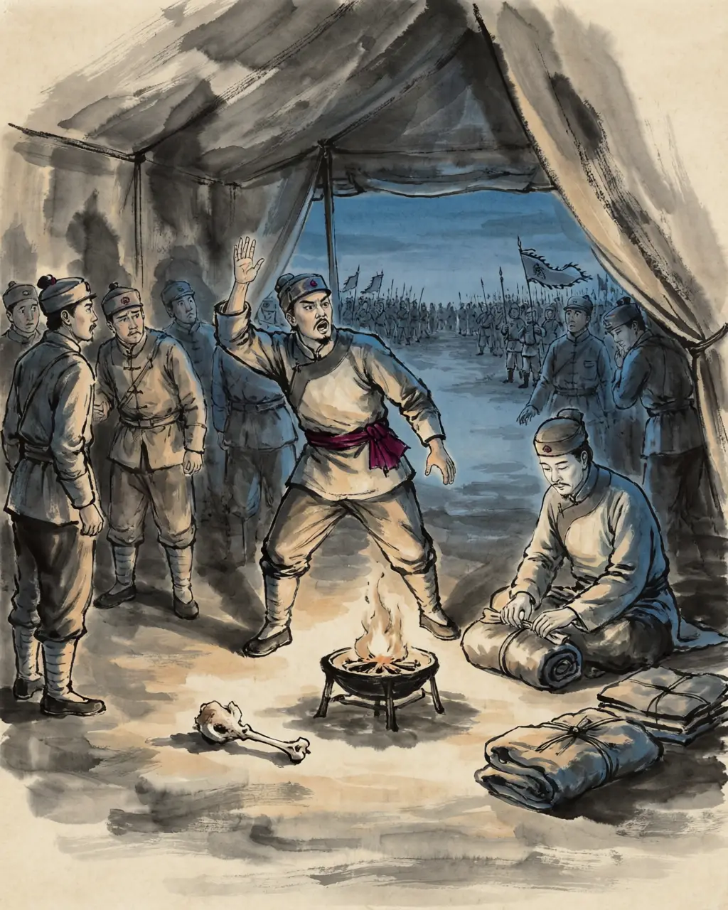 Panel 13: One evening the password of the night was a chicken rib. Yang Xiu began to pack: a chicken rib is tasteless to eat and a pity to throw away — that is Hanzhong, he said, and the king is going home.