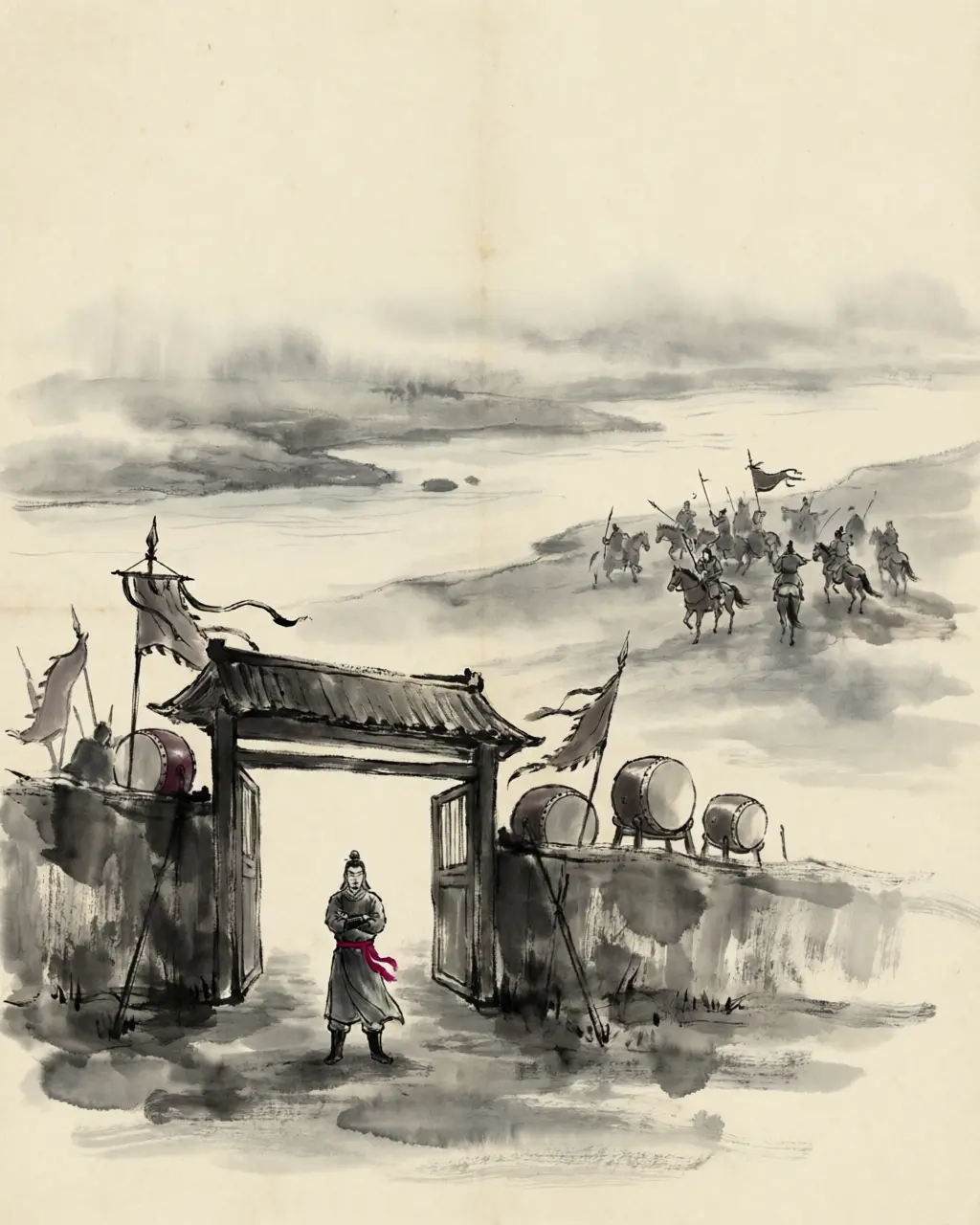 Panel 14: At the Han River, Zhao Yun met Cao Cao's foragers with an open gate and a silent camp. The northern troops suspected an ambush and turned; then the drums came out and the crossbows, and many men went into the water. Next day Liu Bei rode along the field.