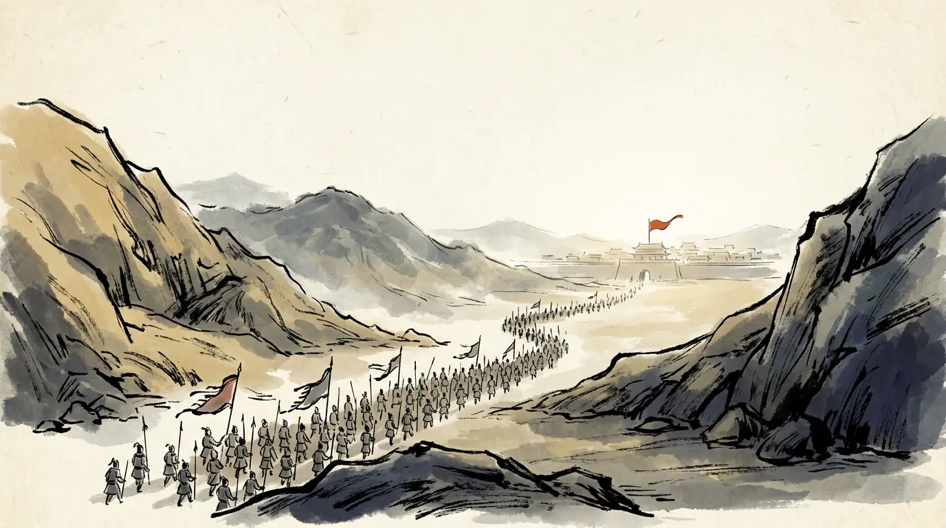 Panel 15: In the fifth month of 219 the northern army went home through the valleys to Chang'an. Hanzhong, held for Wei close on four years, was Liu Bei's.