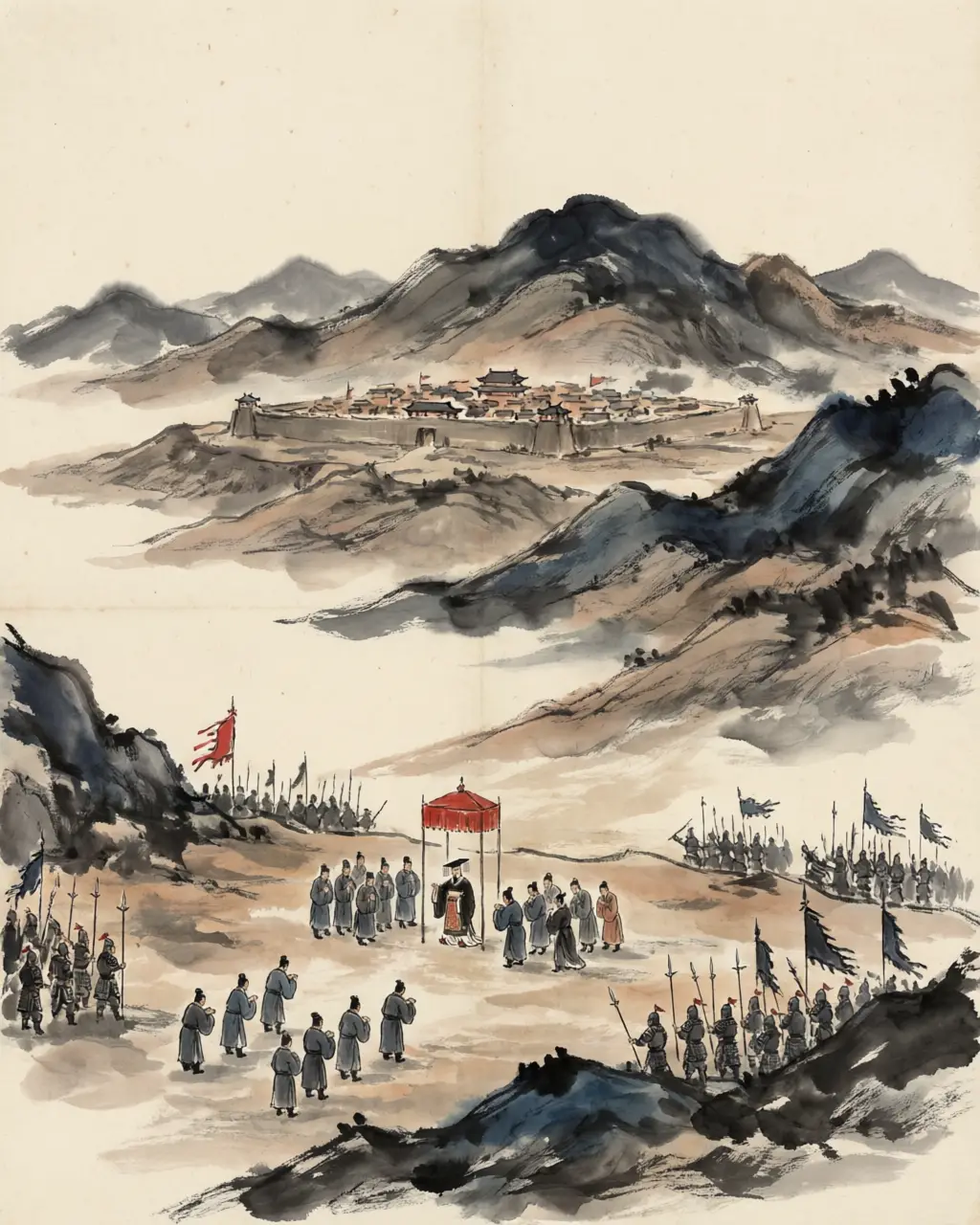 Panel 16: In the seventh month Liu Bei declared himself King of Hanzhong, on the ground he had won. Fa Zheng became Prefect of the Masters of Writing — without he commanded the capital district, within he was chief of counsel. He had one more year to live.