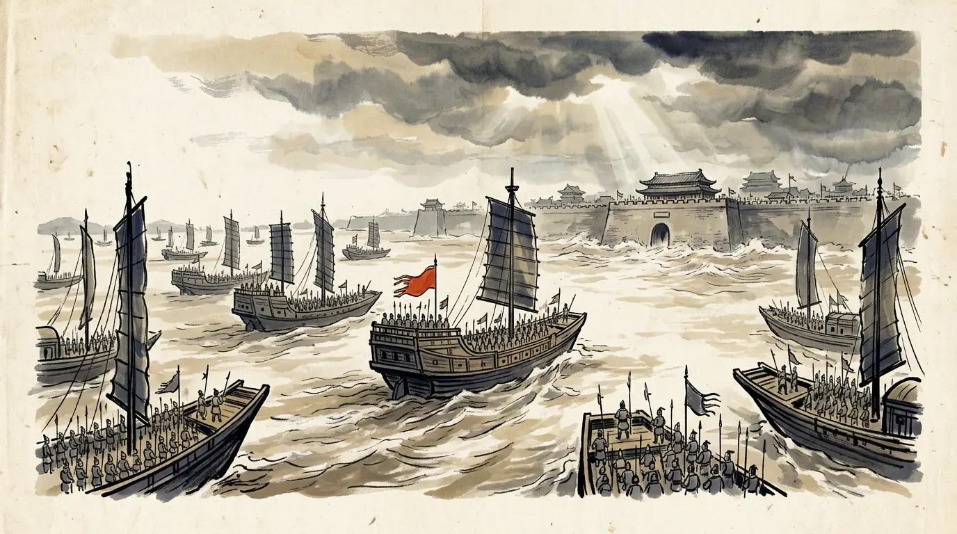 Panel 01: Autumn, 219 CE. Guan Yu marched north to Fancheng, and the rains came with him, and the Han River rose. For one season his might shook all under heaven. Then the water fell, and everything fell with it.