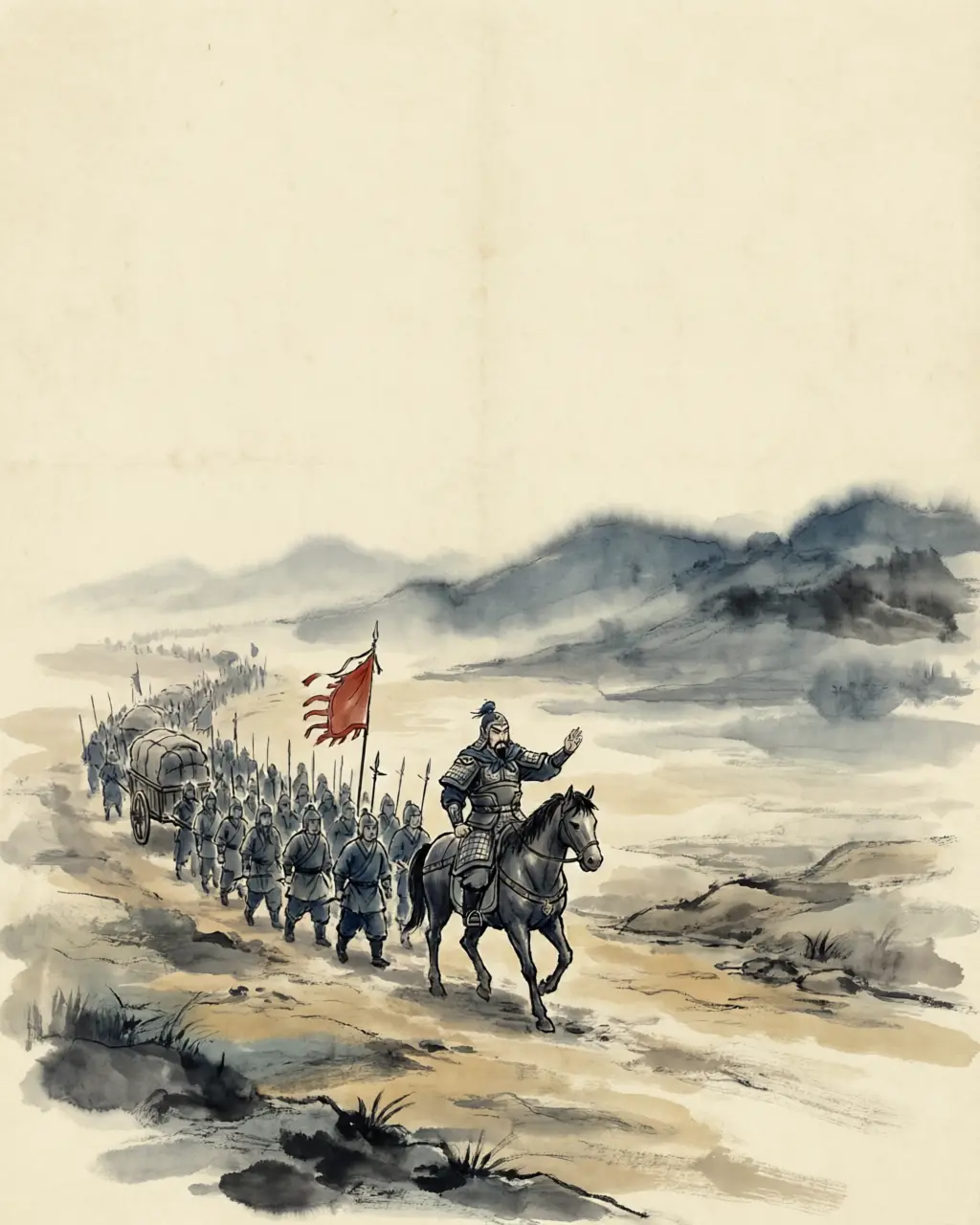 Panel 02: Liu Bei had just taken Hanzhong and been named king of it. In the seventh month of 219, the general of his Jing Province armies marched north: Guan Yu against Cao Ren at Fancheng, and against Xiangyang, walled on the river's south bank.
