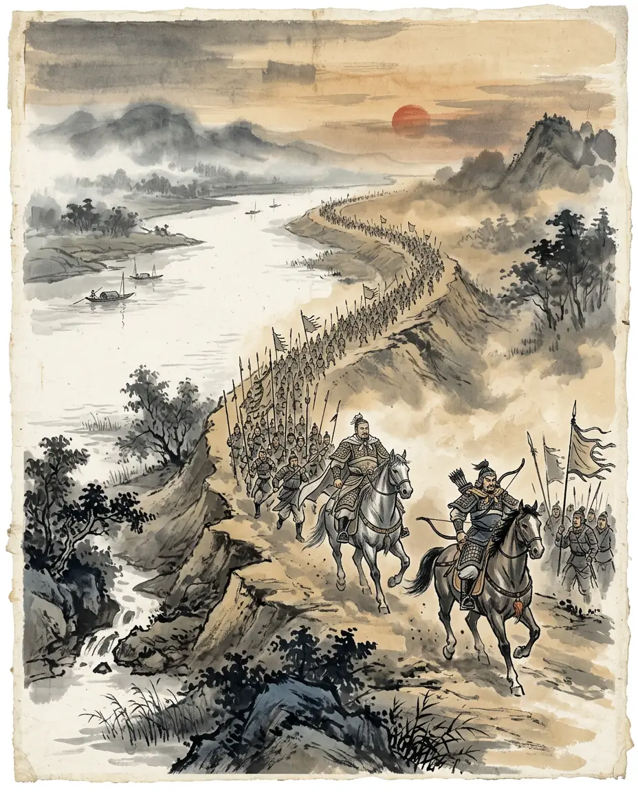 Panel 03: Cao Ren held Fancheng on the north bank of the Han. Cao Cao sent Yu Jin south with seven armies to raise the siege, and in the van rode Pang De, who had told his men: I have received the state's grace, and in honour I must die — this year I kill Guan Yu, or Guan Yu kills me.