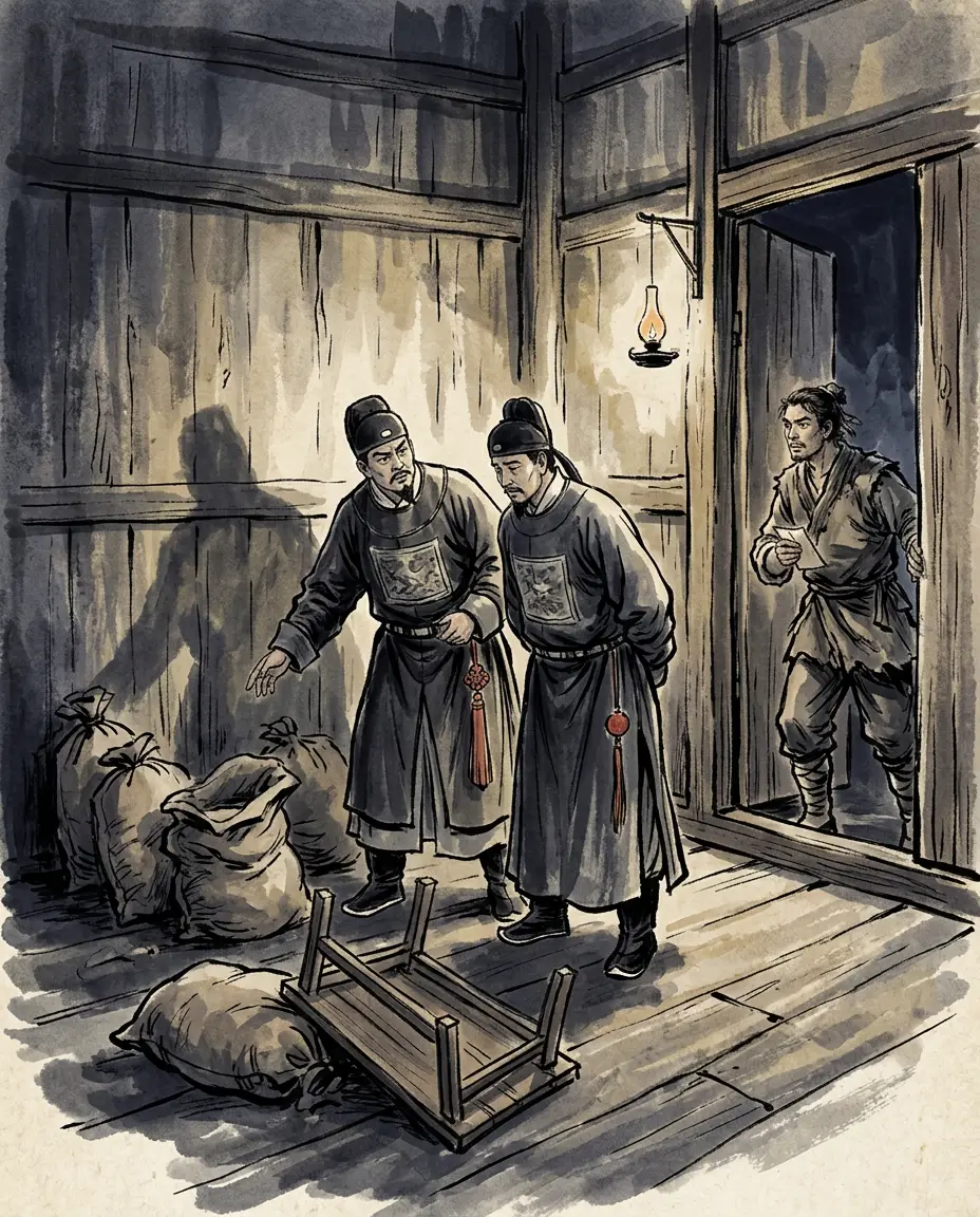 Panel 04: Behind Guan Yu, on the river, sat two officers who already feared him. Mi Fang at Jiangling and Fu Shiren at Gong'an had failed him in supplies; the histories say both had long felt slighted by him, and both heard the same message from the front.