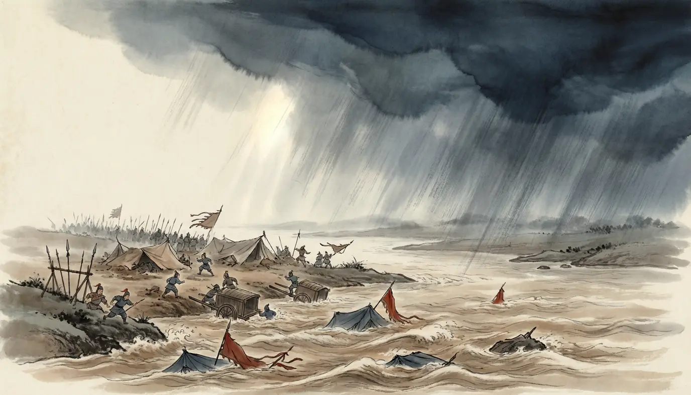 Panel 05: Then came the autumn rains. The histories give it in a clause: the Han River overflowed, and there were fathoms of water on the level ground. The camps of the seven armies, set low by the water, were taken in the open.