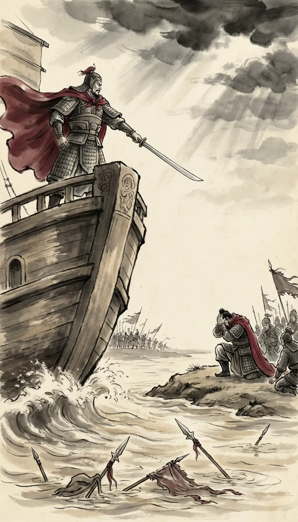 Panel 06: Guan Yu put his men on the great ships and attacked the drowned camps from the water. Yu Jin, ringed on high ground with what was left of the seven armies, surrendered. Pang De fought from dawn past noon until his arrows were gone, was taken alive, and would not kneel.