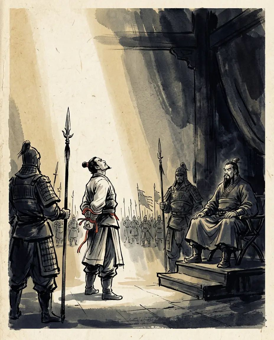 Panel 07: Pang De stood before Guan Yu without kneeling, and cursed him, and was killed. Cao Cao wept for him when the news came, said he had known where Pang De's loyalty lay, and enfeoffed his sons. Yu Jin lived; the histories treat that as the harder fate.